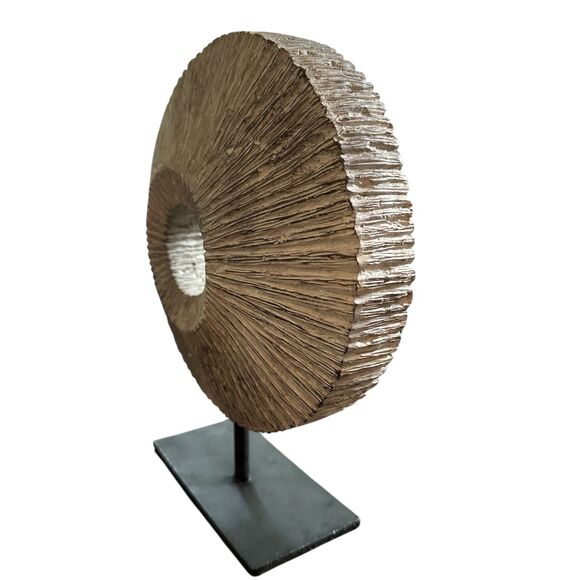 Modern Rustic Home Whitewash Circular Ring Decorative Sculpture on Metal Stand - Picture 6 of 11